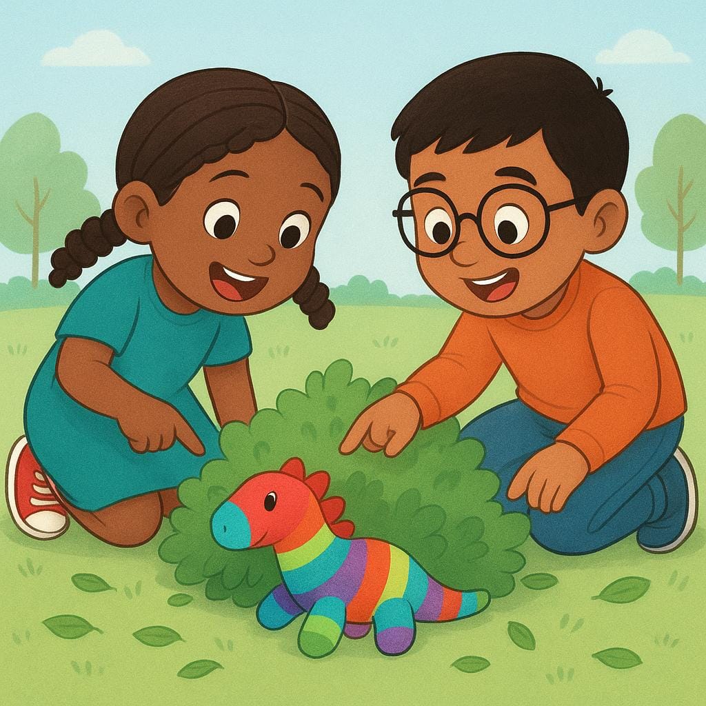 Two children pointing down excitedly at a brightly colored toy they have just found hidden under a small green bush.