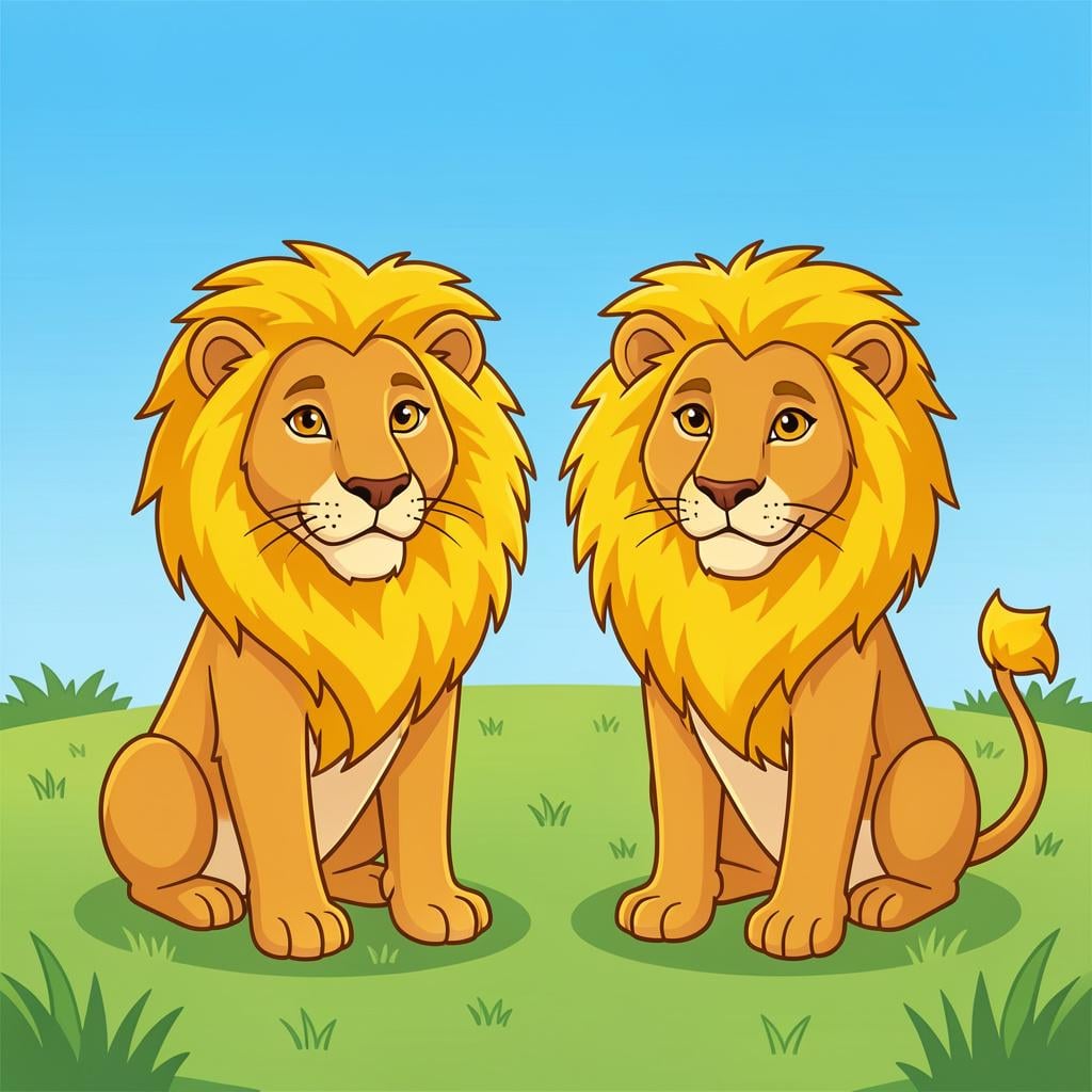 Two adult male lions with thick golden manes resting in the tall yellow grass of a savanna.