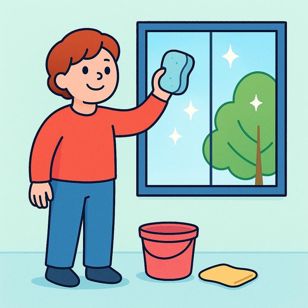 A person wearing cleaning gloves stands next to a window that has been completely cleaned and is sparkling brightly in the sun.