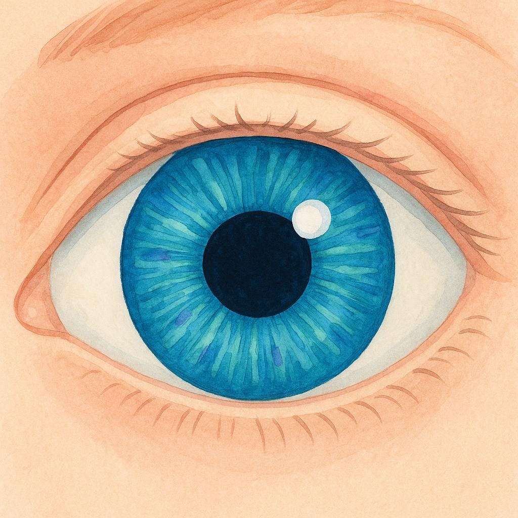 A high quality close-up illustration of a human eye showing the detailed blue iris.