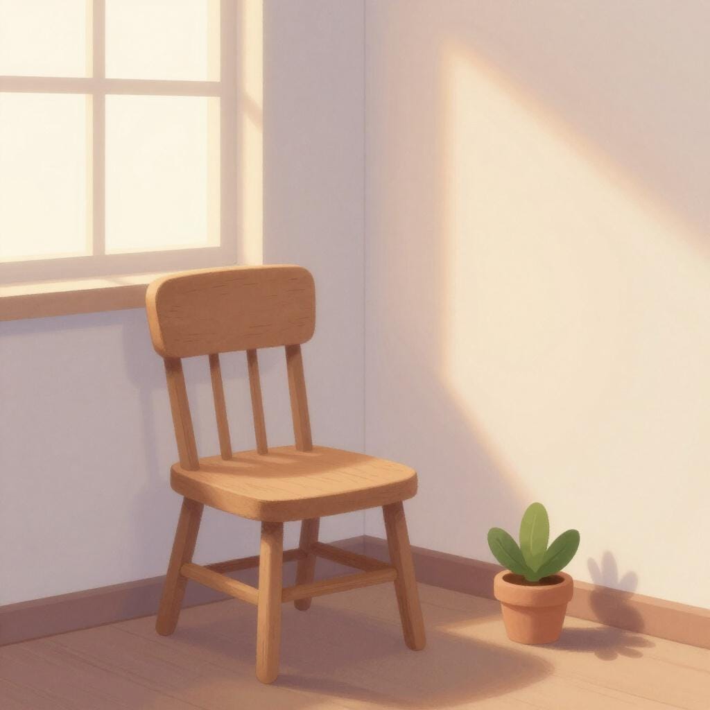 Een gezellige kamer met zacht, schemerig licht dat door een enkel klein raam filtert, wat zorgt voor een vredige sfeer met weinig licht.