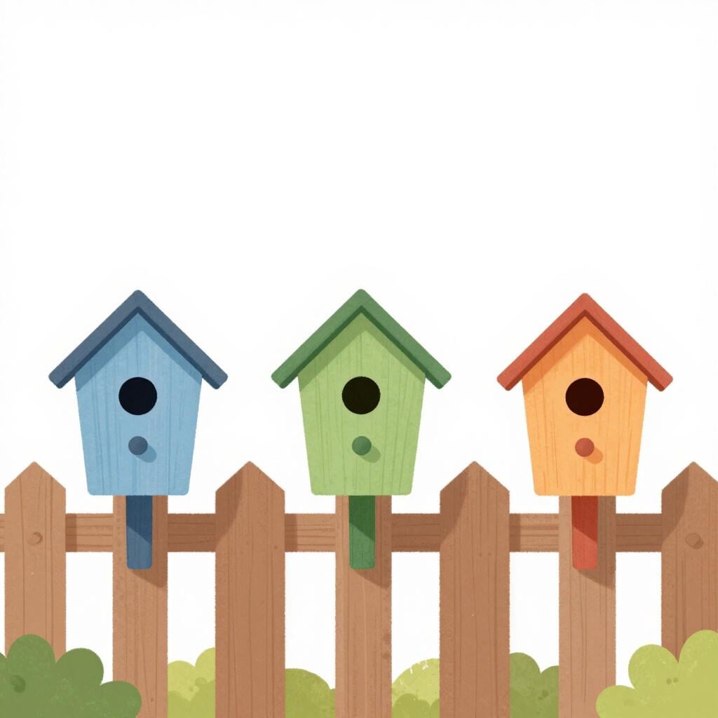 A row of three colorful birdhouses with empty gaps of space between each one.