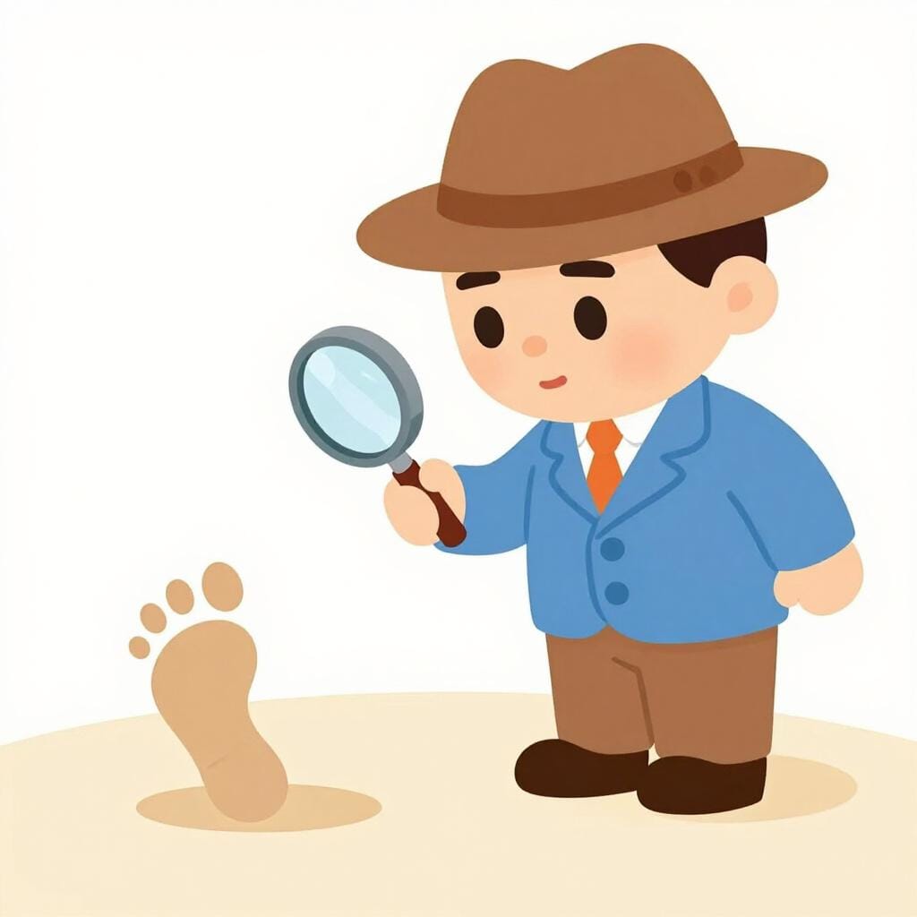 A detective looking at a single footprint on the ground through a magnifying glass.