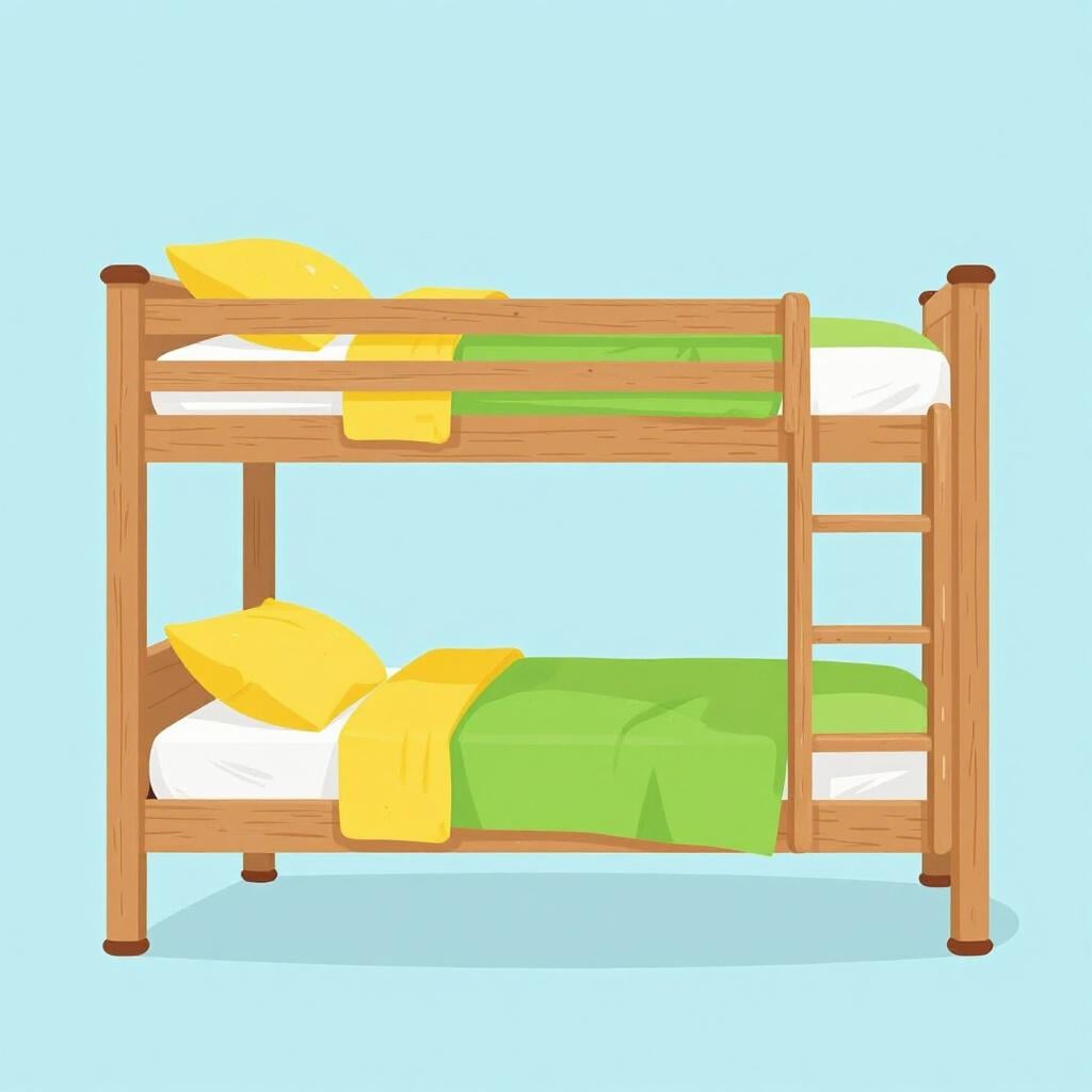 A set of wooden bunk beds with colorful blankets in a simple bedroom.