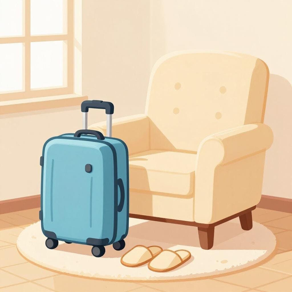 A cozy suitcase resting on a rug beside a comfortable armchair in a warm room.