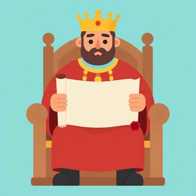 A king in royal robes sitting on a throne holding a rolled parchment with a wax seal.