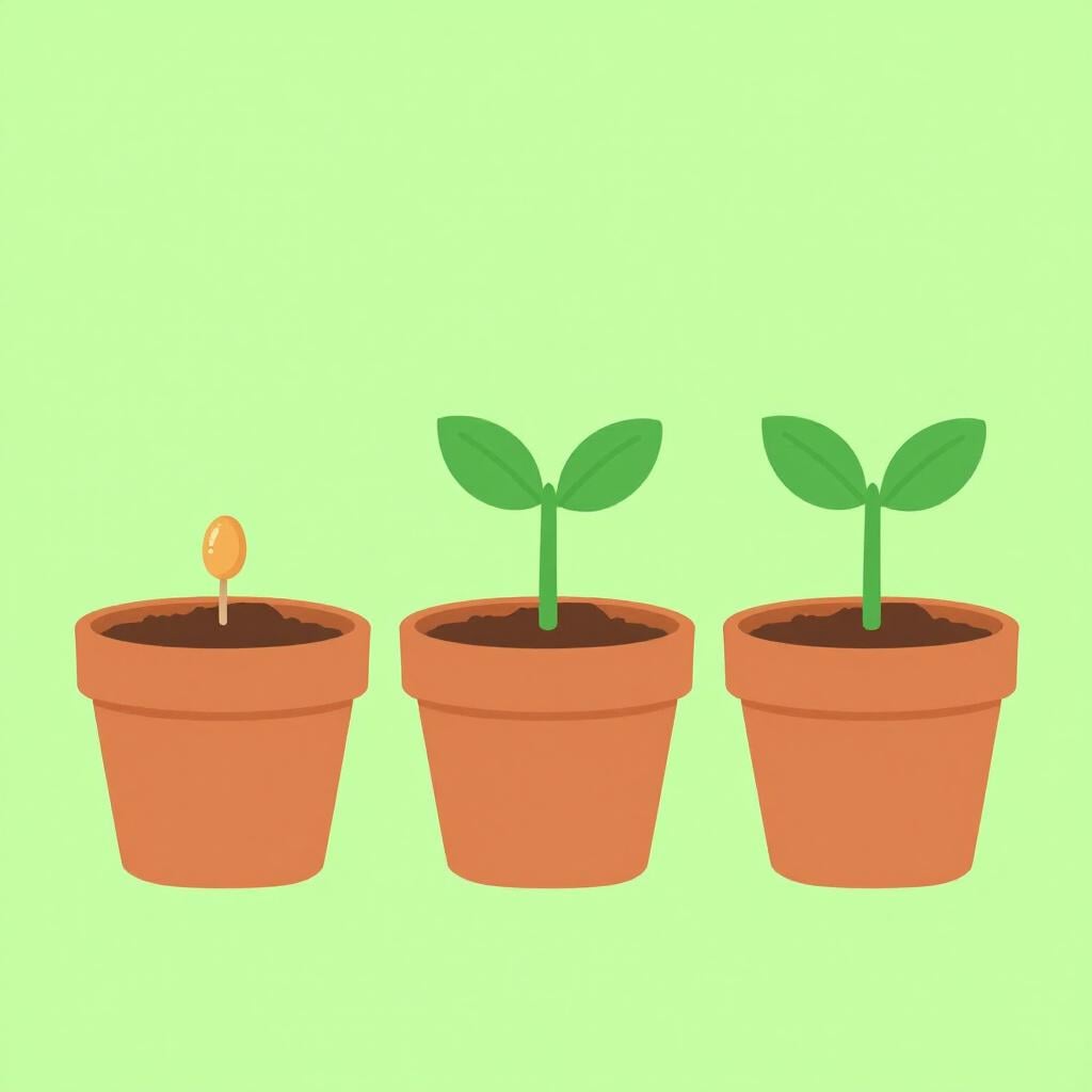 A row of three flower pots: the first shows a small seed in soil, the second a sprout, and the third a blooming flower.