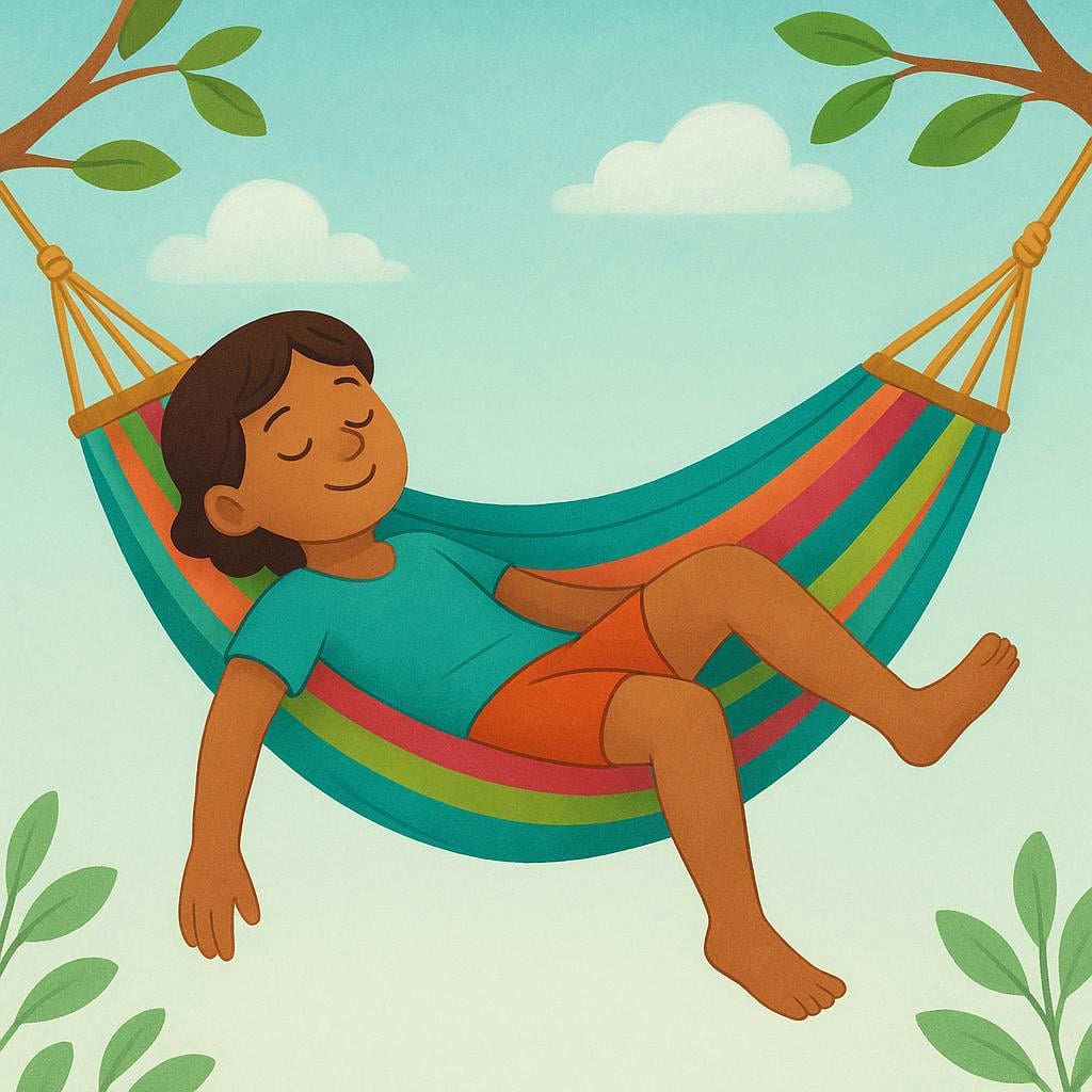 A person peacefully lying in a brightly colored hammock strung between two trees, completely relaxed and letting their body go slack.