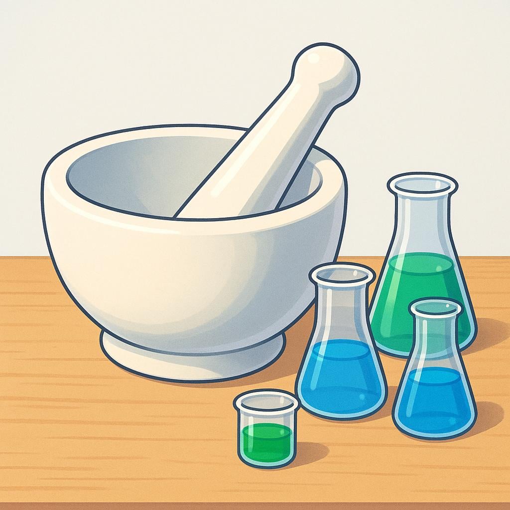 A close-up view of a large white mortar and pestle resting on a clean wooden workbench, symbolizing the preparation of medicine.