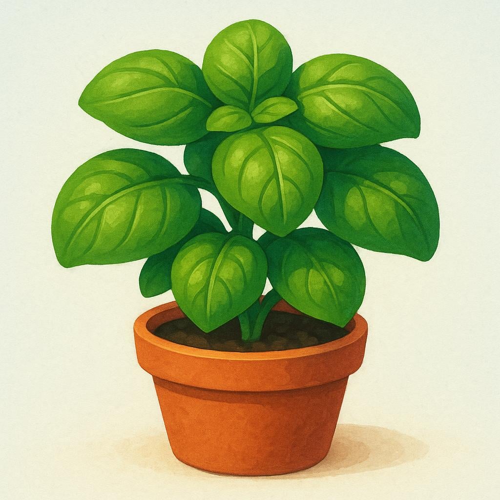 A healthy basil plant with large green leaves growing in a small brown clay pot.