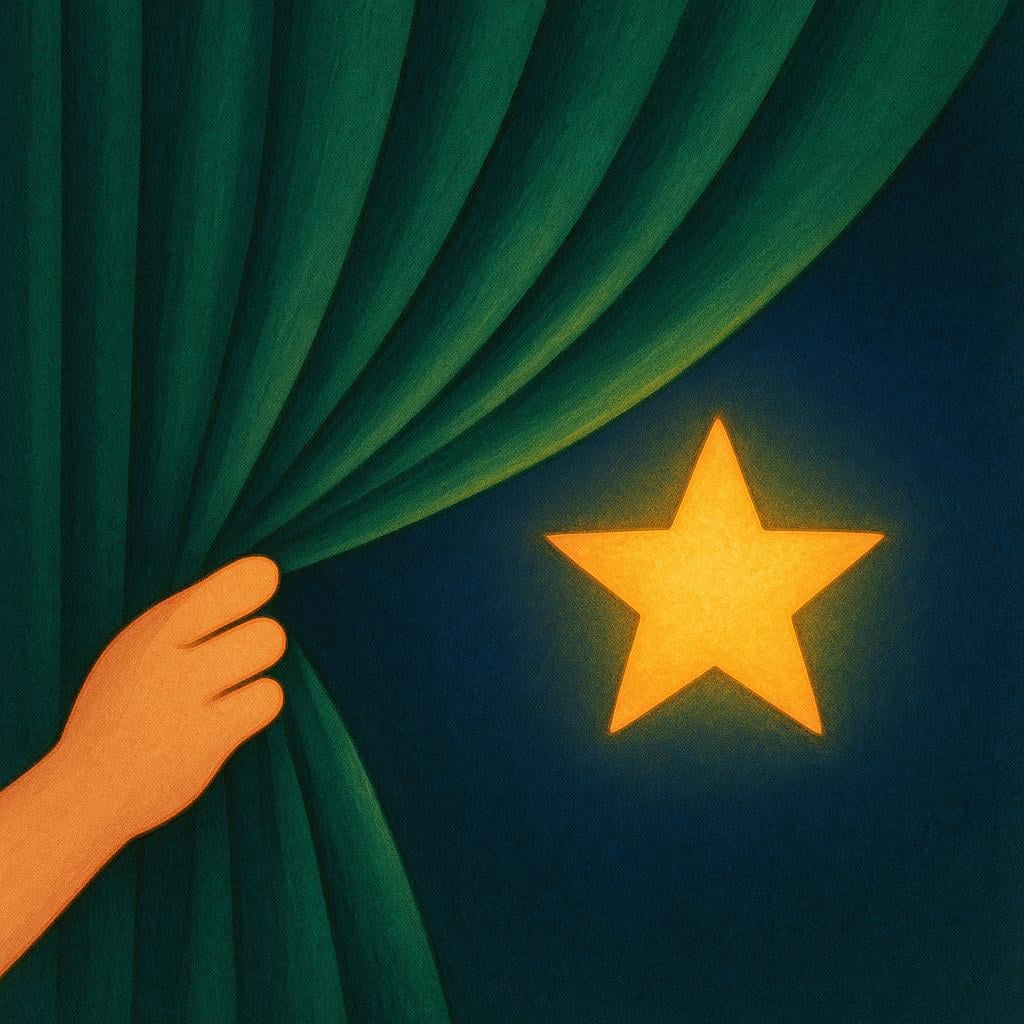 A person's stylized hand pulling back a large, heavy green curtain to reveal a bright, glowing golden star hidden behind it.