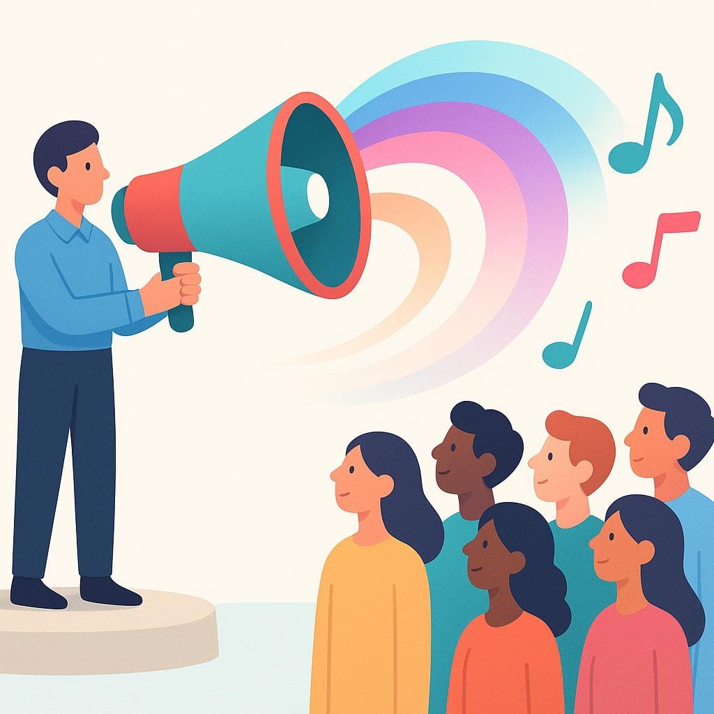 A stylized figure using a megaphone to project sound waves toward a small, attentive crowd, representing public relations.