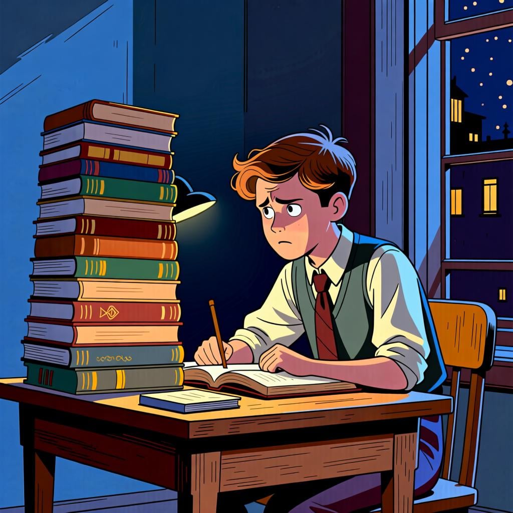 A student in a past scene looking at a large pile of books, illustrating the obligation to study.
