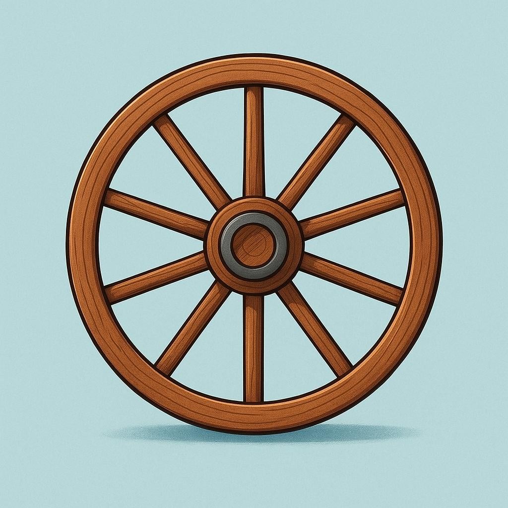 A single, brown wooden wagon wheel with visible spokes, centered on a plain background.