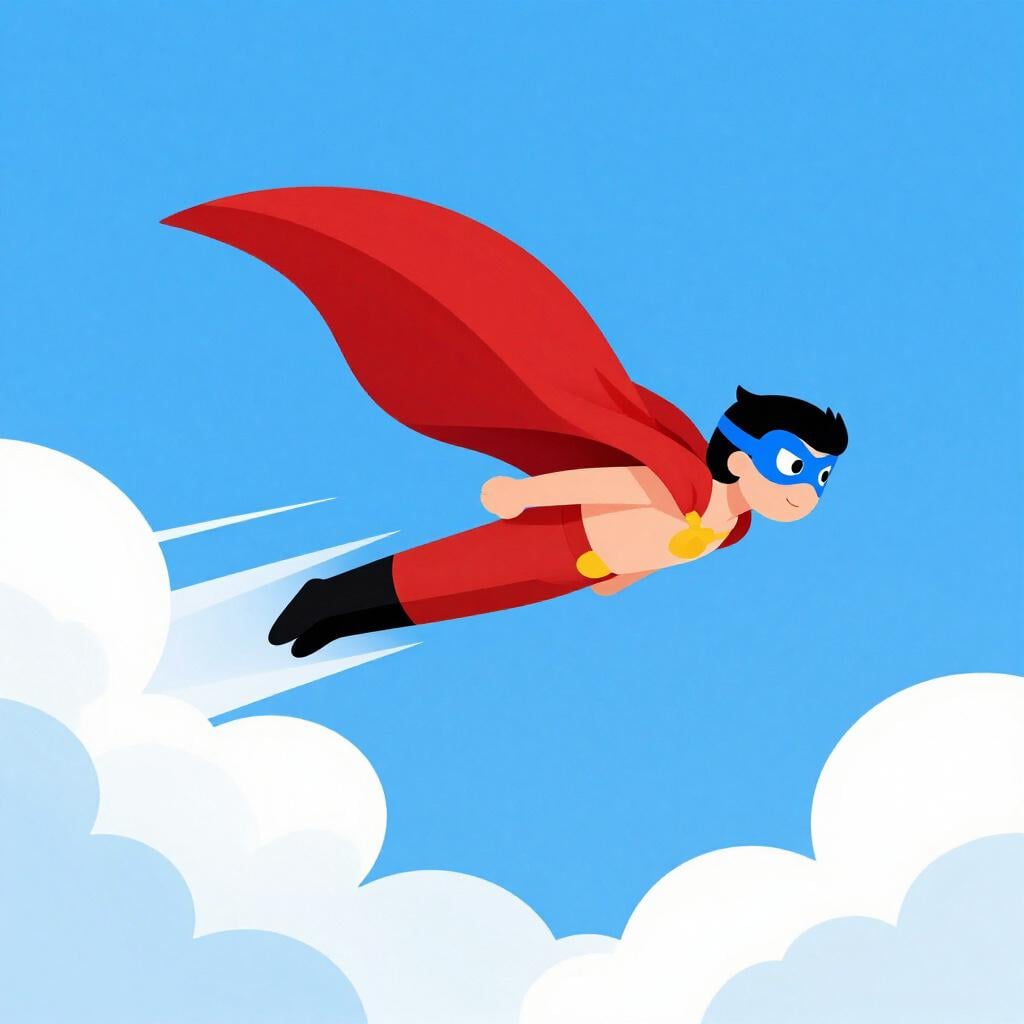 A colorful storybook illustration of a heroic character wearing a bright cape and a mask, flying through a blue sky.