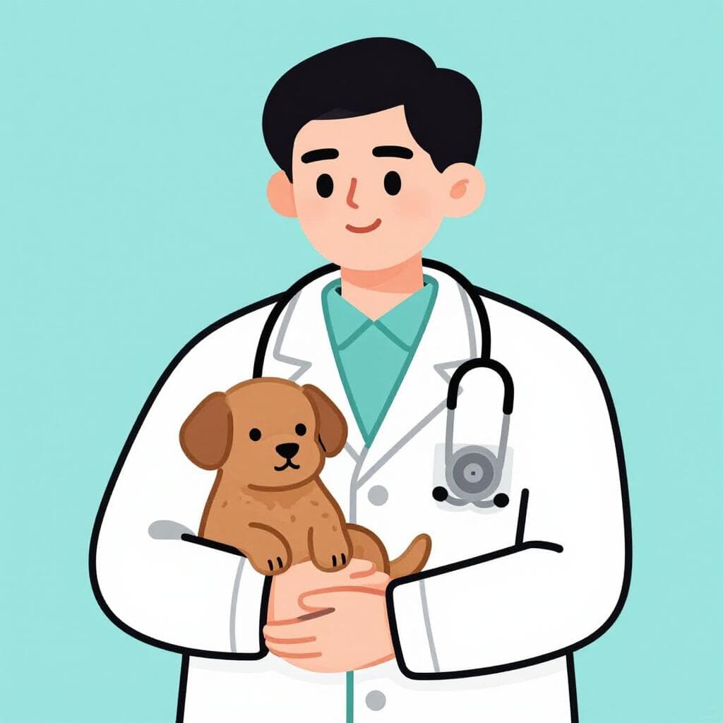 Un vétérinaire amical en blouse blanche souriant et tenant un petit chiot.