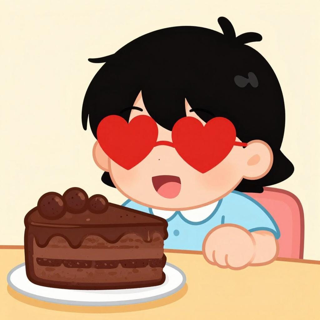 Una persona con enormi occhi a forma di cuore che guarda adorante una deliziosa torta al cioccolato.