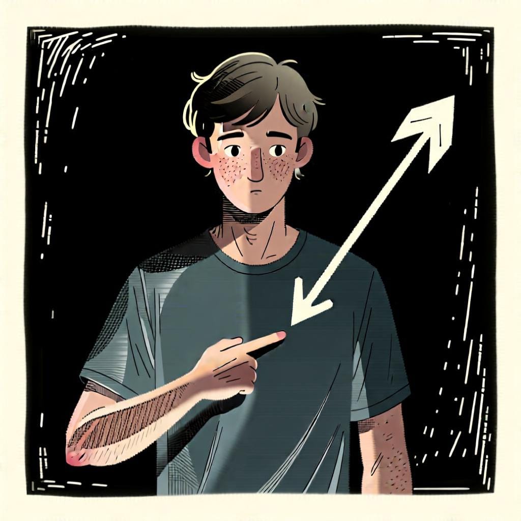 An illustration of a person pointing to their own chest while another person points at them, showing an action directed at 'me'.