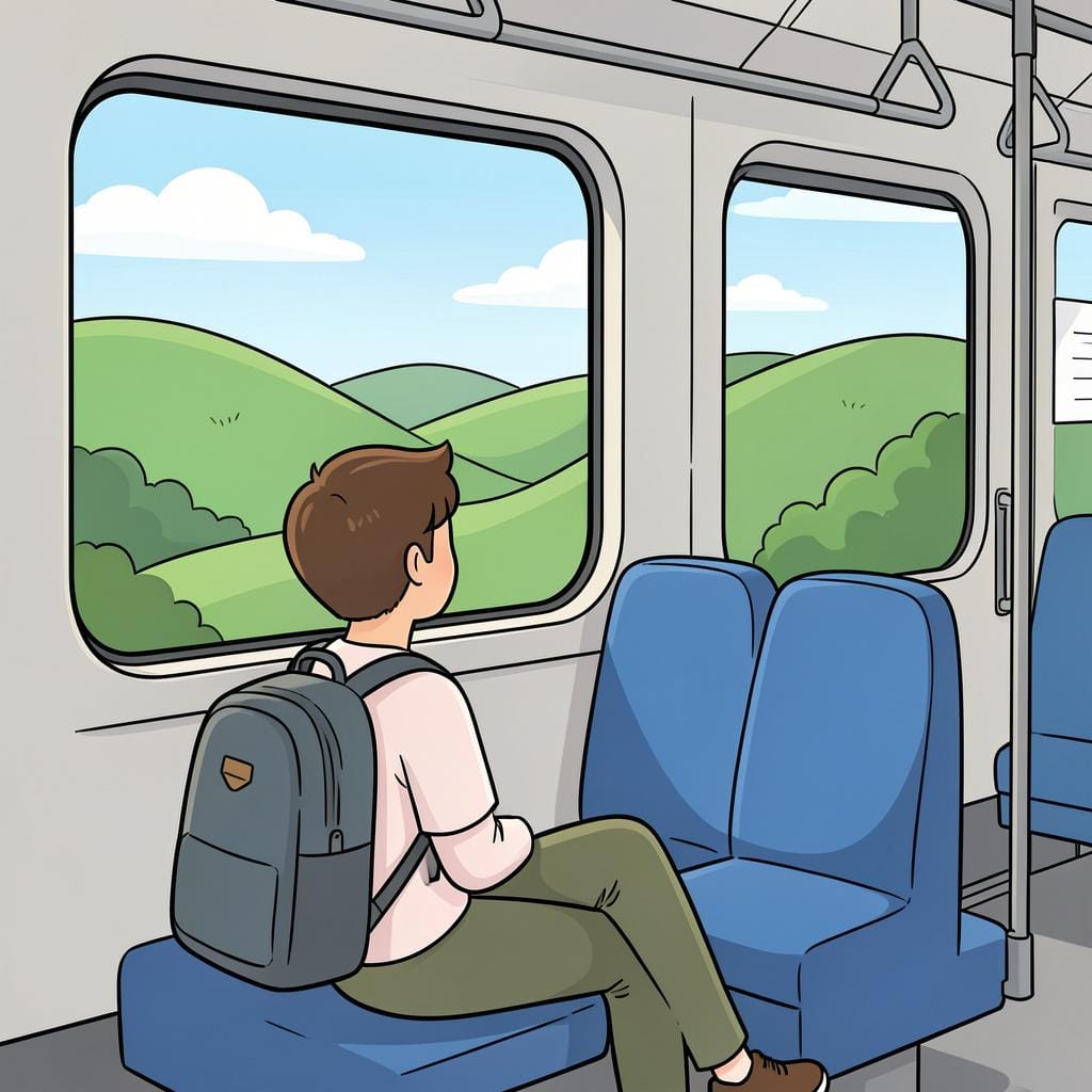 A person sitting comfortably in a train seat looking out the window at a green landscape.