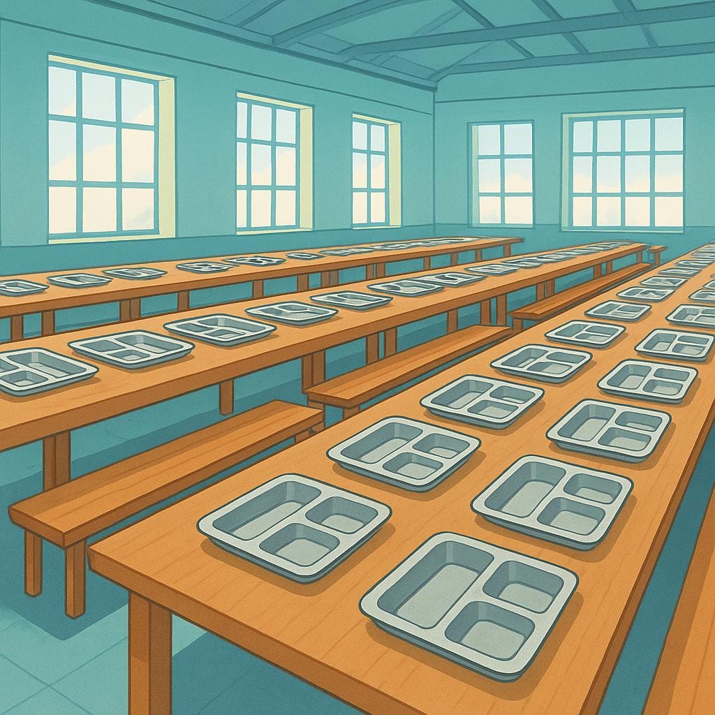 A long wooden table filled with many identical metal trays, set up inside a large, simple hall ready for communal dining.