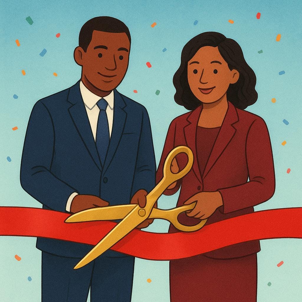 A colorful illustration depicting two people in formal attire holding large golden scissors, preparing to cut a bright red ceremonial ribbon.