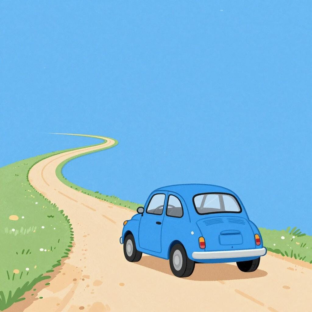 A stationary car parked at the end of a dirt road with its engine off.