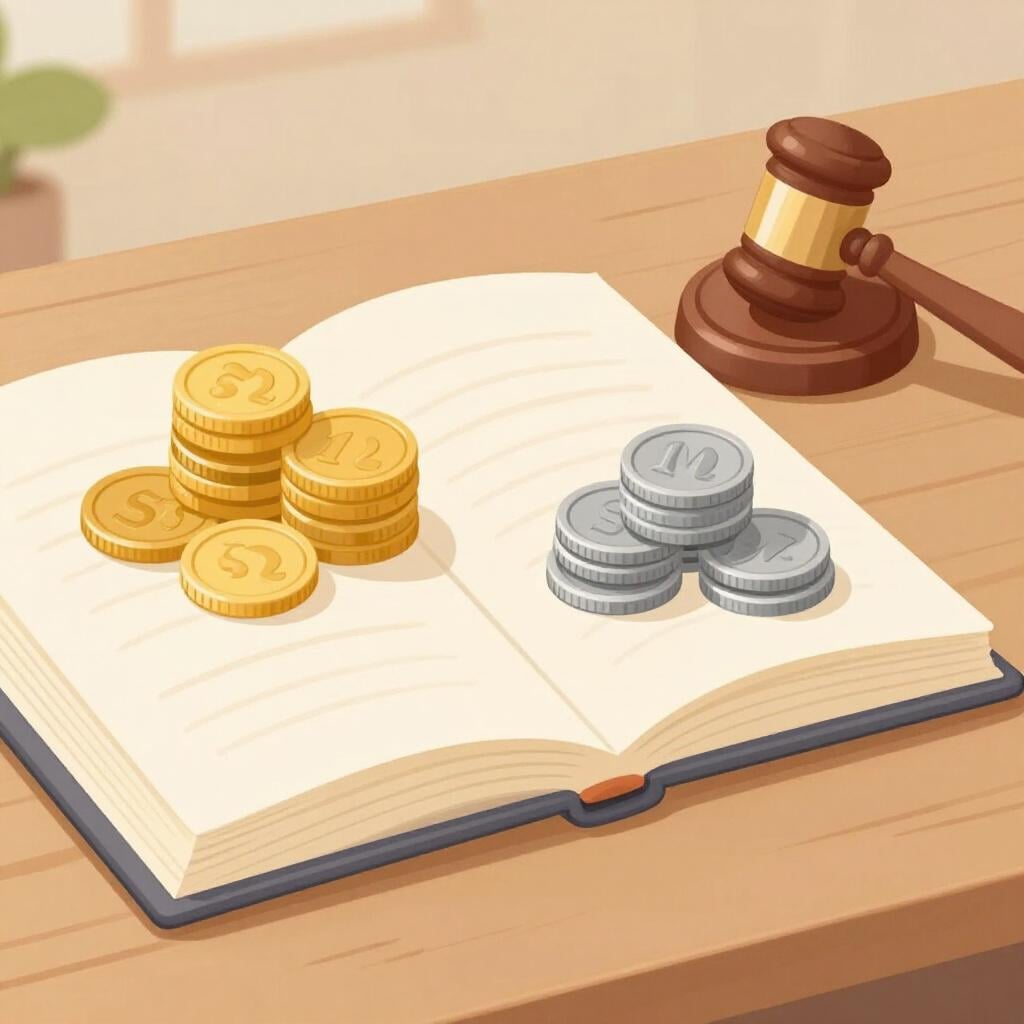 A large open ledger book with green and red coins stacked neatly on its pages.