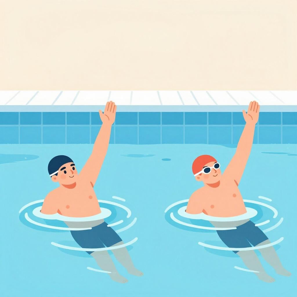 Two swimmers performing the exact same movement in a pool at the same time.