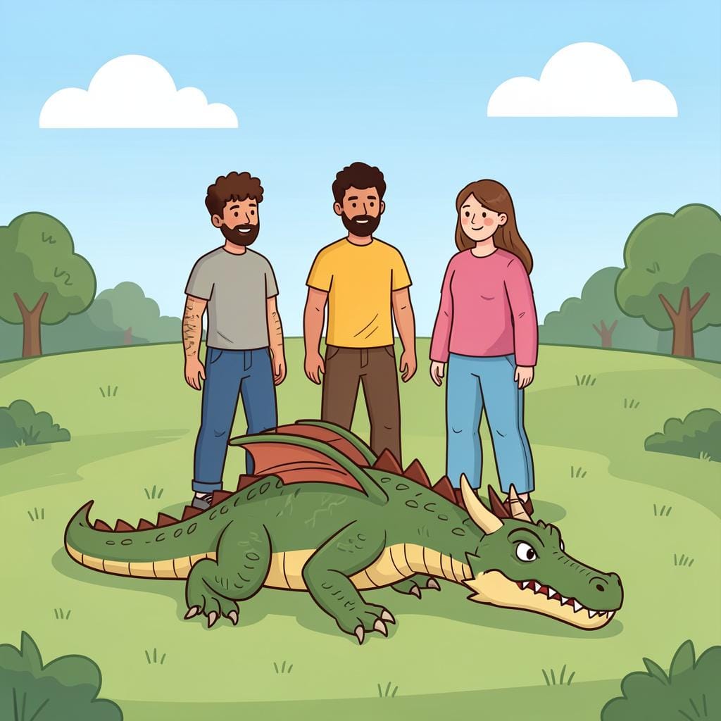 A group of storybook characters standing near a fallen wooden dragon toy.