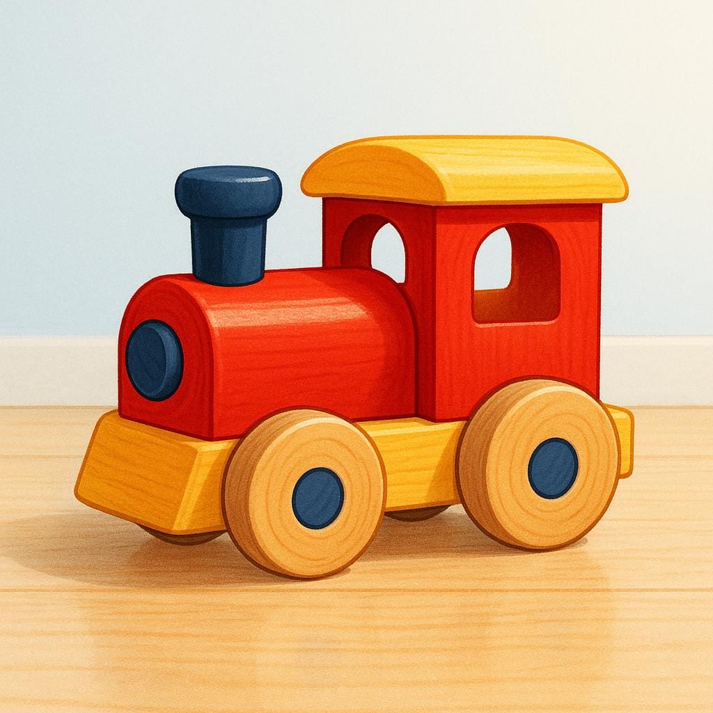 A colorful wooden toy train with bright colors sitting on a simple background, symbolizing objects related to children.