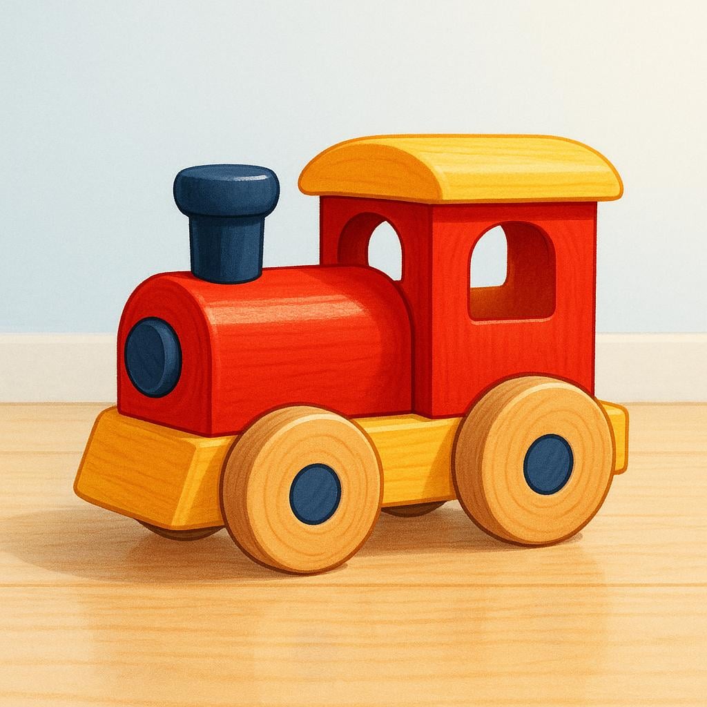 A colorful wooden toy train with bright colors sitting on a simple background, symbolizing objects related to children.