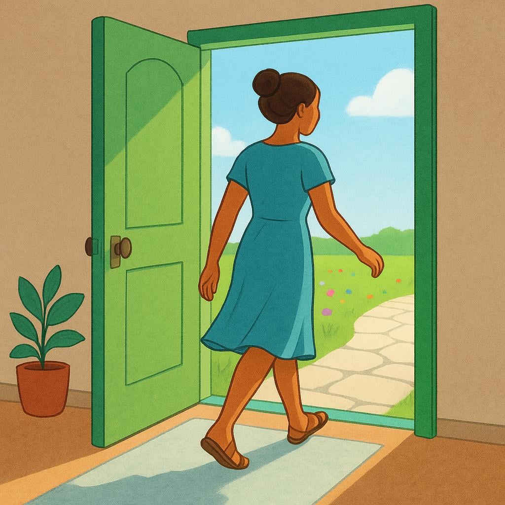 A woman stepping through an open green door frame, leaving an interior space and entering a bright outdoor path, illustrating the action of leaving.
