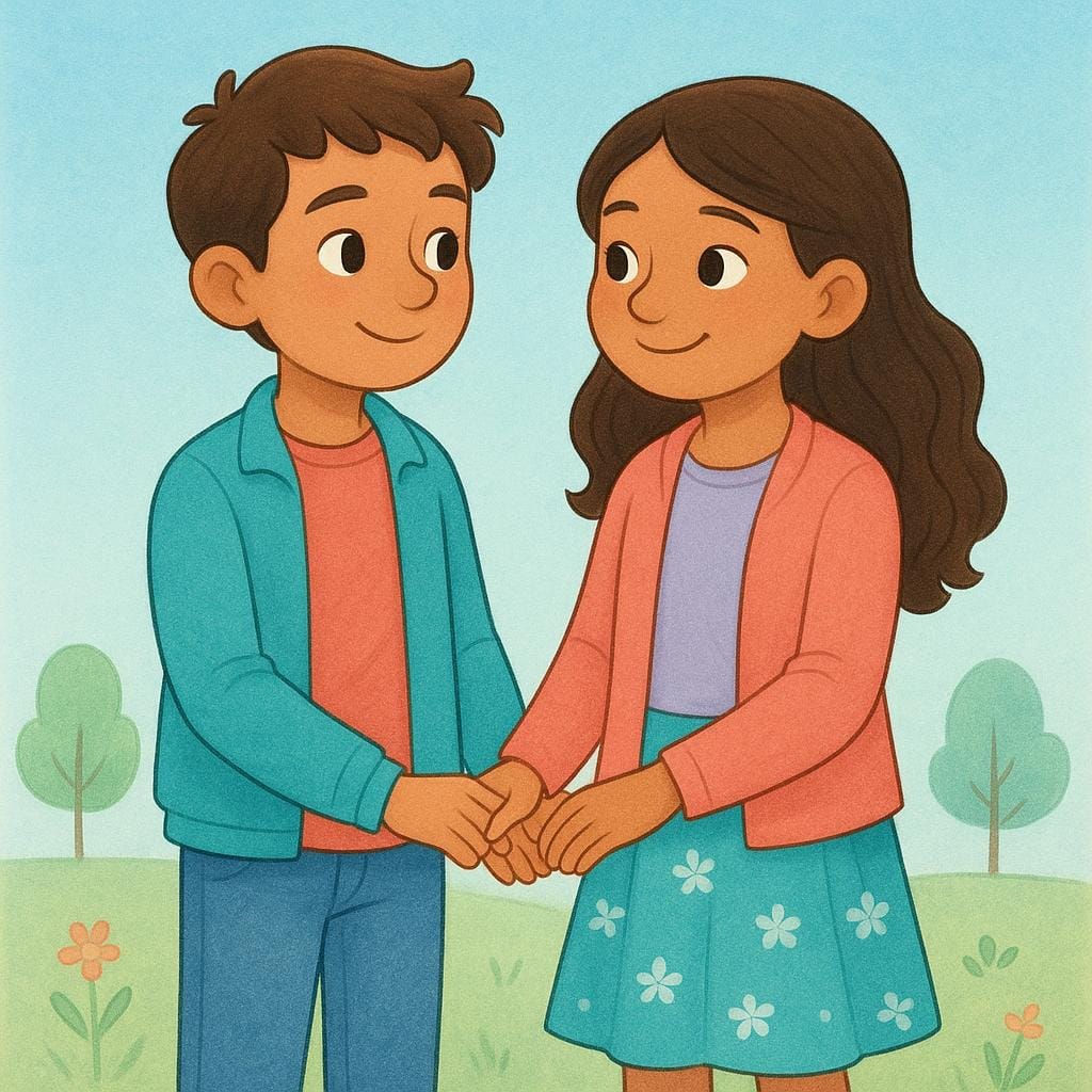 Zwei Kinder, ein Junge und ein Mädchen, stehen eng beieinander und halten Händchen und teilen ein warmes Lächeln.