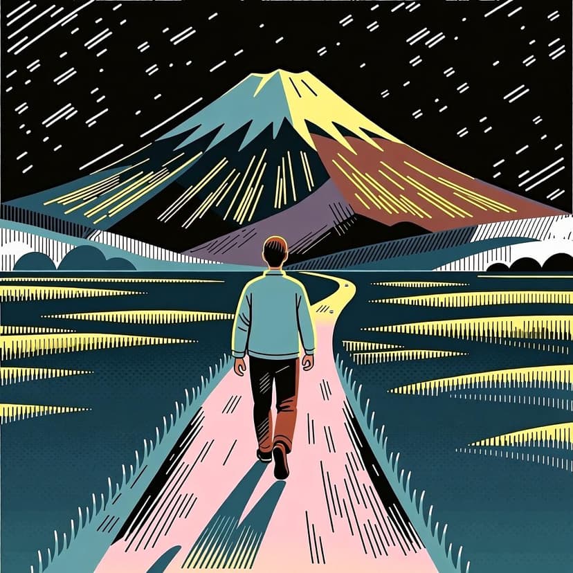 A person walking along a path that leads towards a distant, sunlit mountain, representing the verb 'ir' which means 'to go'.