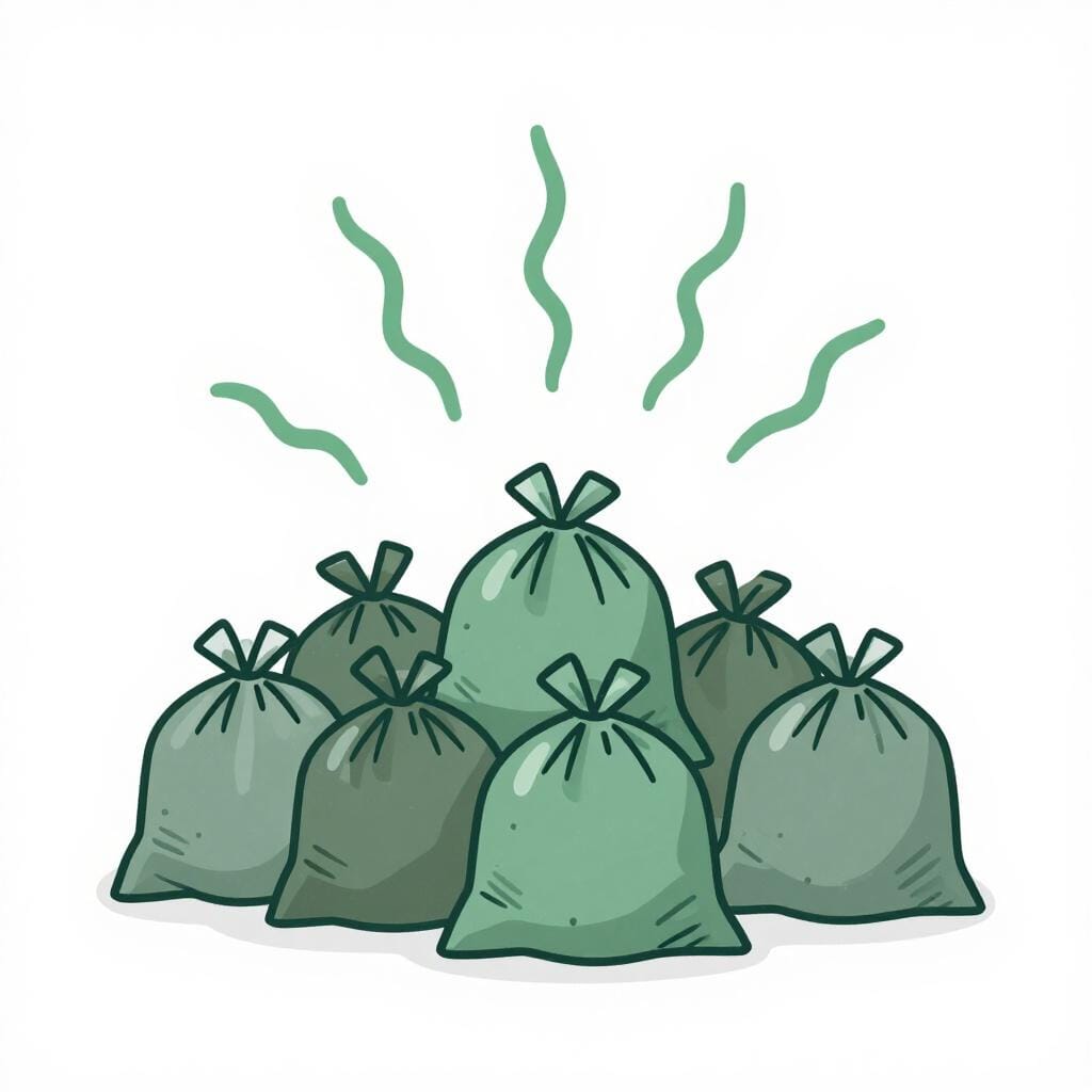 Uma pilha de lixo verde com pequenas linhas onduladas subindo dela para representar um mau cheiro.