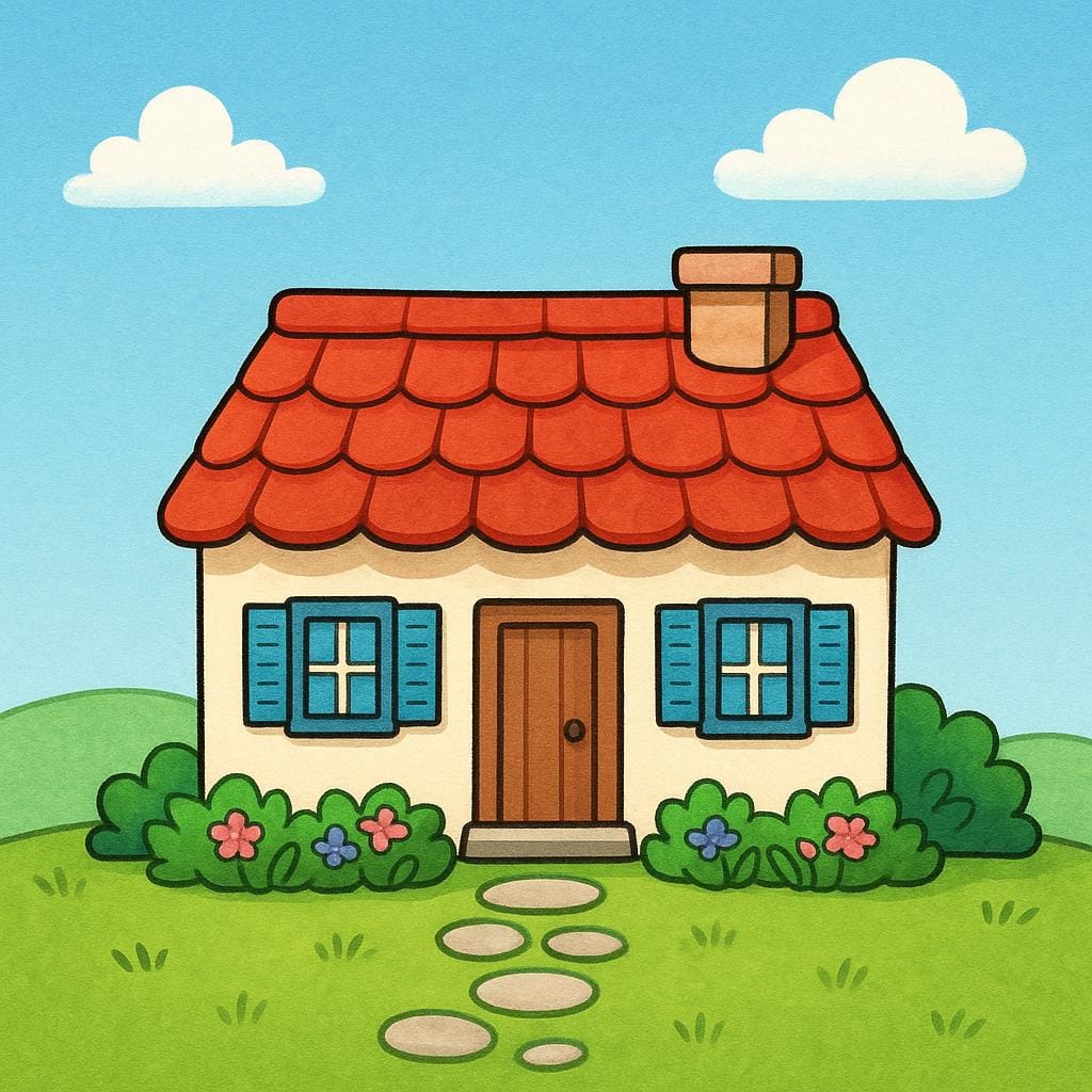 A close-up view of a small house featuring a prominent, brightly colored red tiled roof.