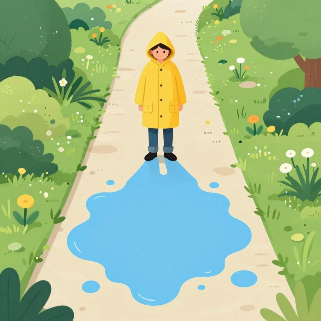Une illustration d'une personne arrêtée sur un chemin par une grande flaque d'eau profonde, causant un retard.