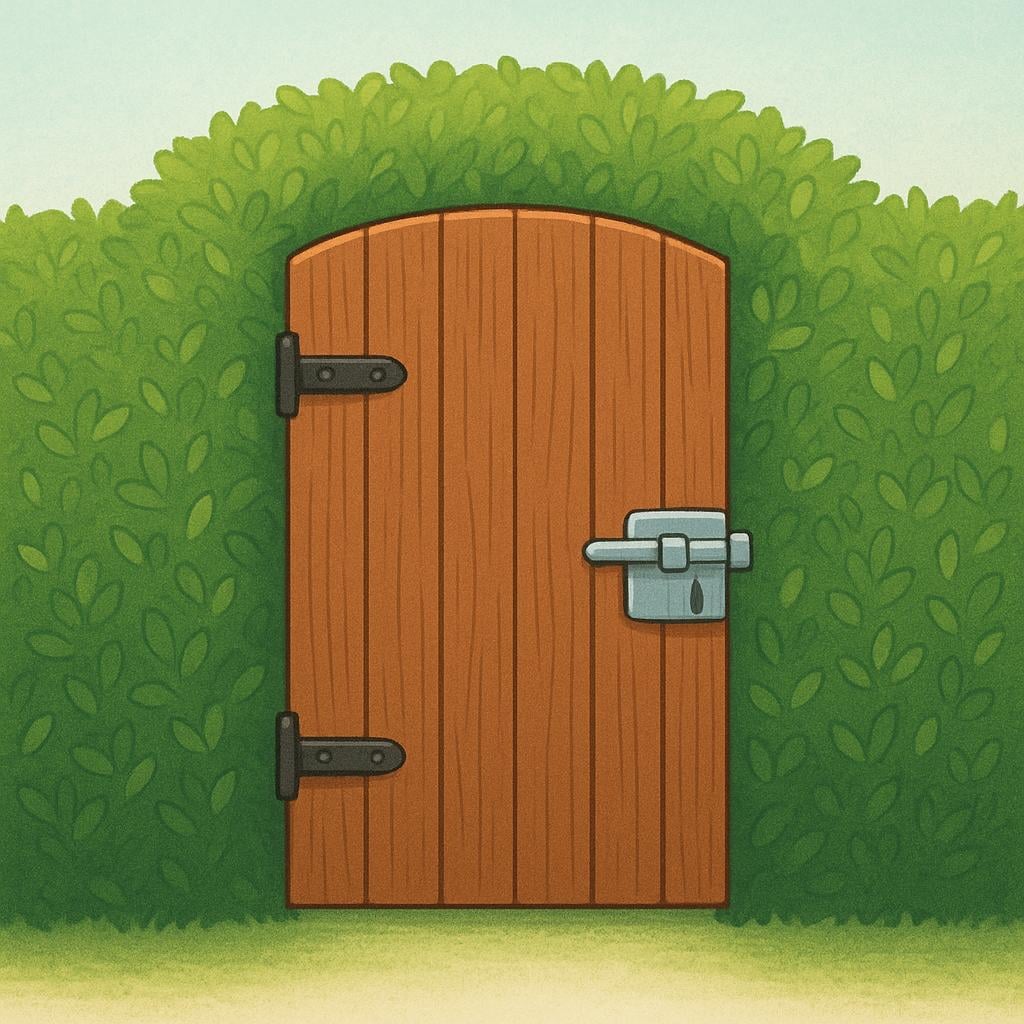 A sturdy, tall brown wooden gate completely closed, set into a thick green hedge, symbolizing privacy.