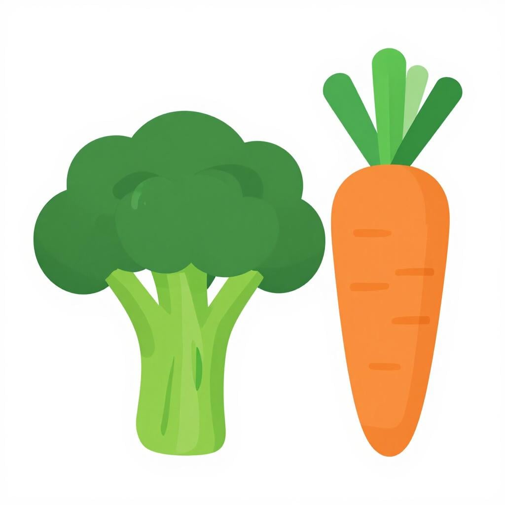 A vibrant green broccoli floret and a bright orange carrot sitting on a clean white surface.