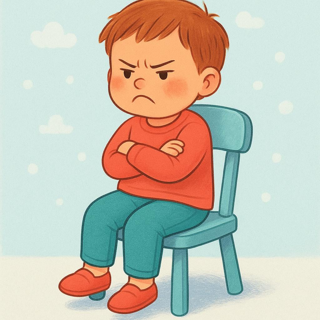 A colorful storybook illustration of a frustrated child sitting on a stool. The child has crossed arms and a deep frown, clearly showing annoyance.