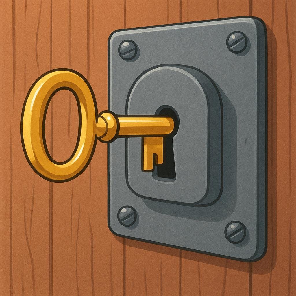 A simple gold key is shown perfectly inserted into a large, sturdy lock mounted on a wooden surface.