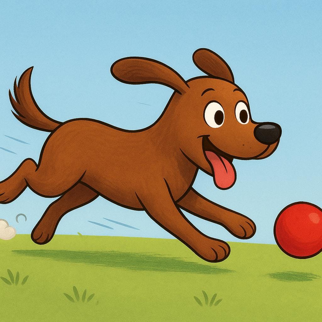 A happy brown dog actively chasing a bright red ball across a green field, illustrating the actor in a sentence.