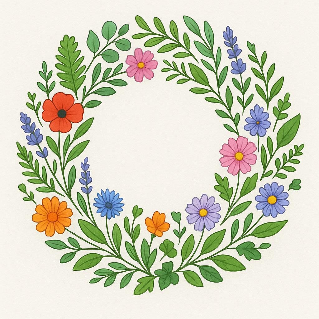 A circular wreath made of vibrant green leaves and bright red and yellow flowers.