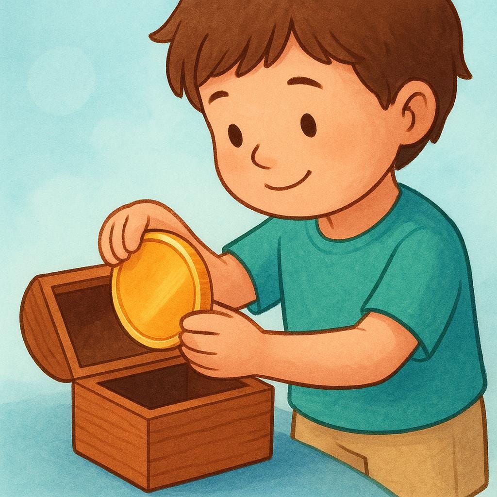 A young person carefully placing a treasured, shiny coin inside a small wooden chest.