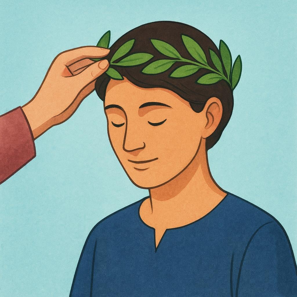A hand gently placing a simple green laurel wreath onto the head of a person who looks dignified and respected.