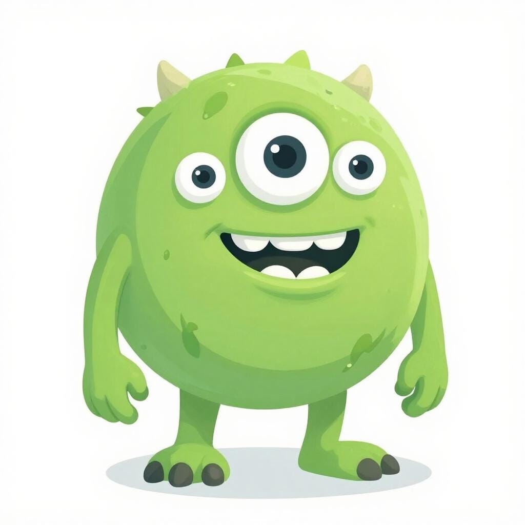 A friendly but very lumpy, green, bumpy monster with uneven eyes and crooked teeth.