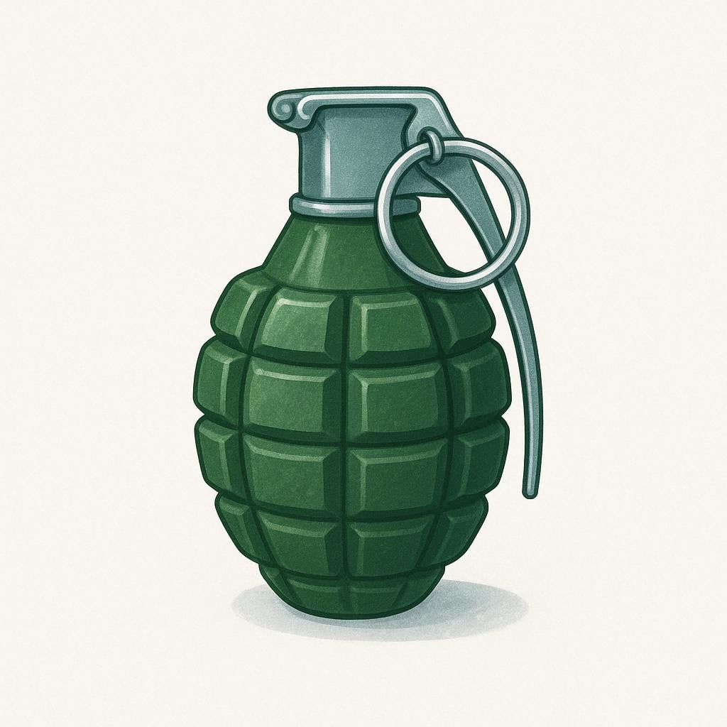 A classic round metal hand grenade with a safety pin.