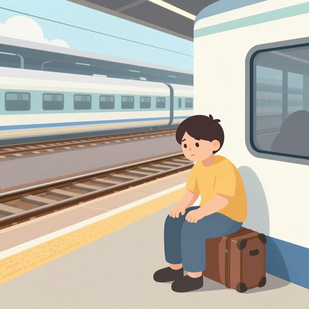 A traveler sitting on a suitcase in an empty station, looking at a departure board with a sad expression.