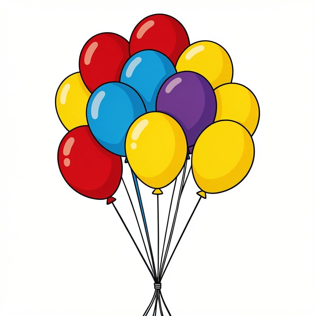 A bunch of colorful rubber balloons tied together with strings.