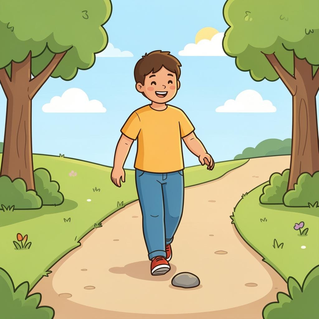 A happy person effortlessly stepping over a very small, low pebble on a smooth path.